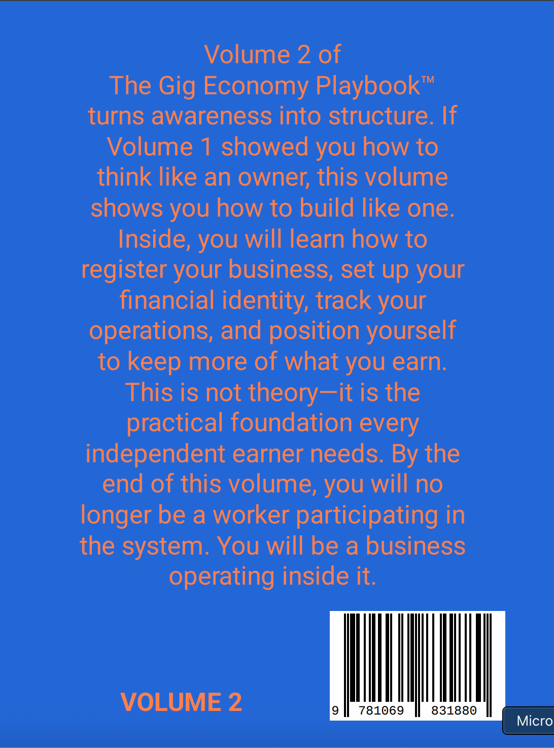 Back cover of a book titled The Gig Economy Playbook' with text and a barcode on a blue background. Volume 2