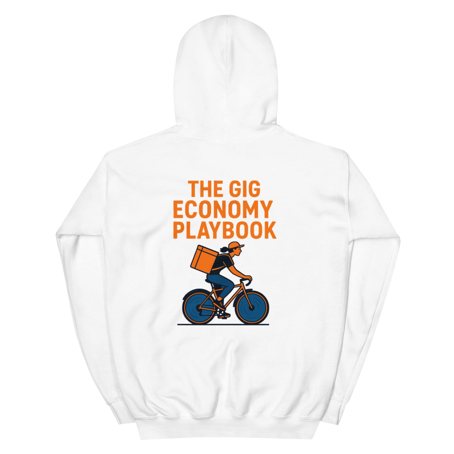 White hoodie with 'The Gig Economy Playbook' graphic on a white background