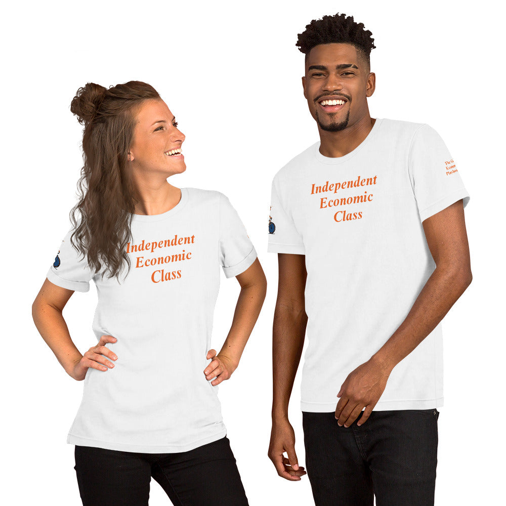 Two people wearing white t-shirts with 'Independent Economic Class' text on a white background