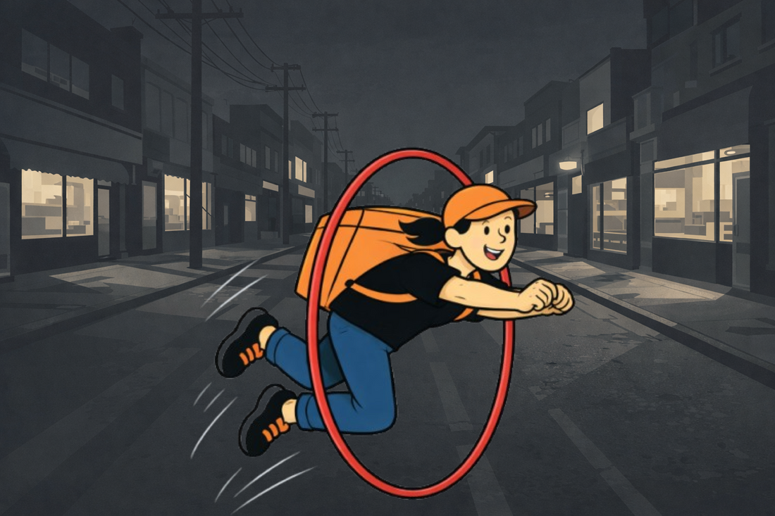 Dark City Street The Gig Economy Playbook Rider Jumping Through a Hoop