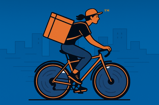 "Gig economy delivery rider pedaling a bicycle with a thermal delivery bag, symbolizing app-based couriers working for platforms like Uber Eats, DoorDash, SkipTheDishes, and Instacart to transport orders independently."