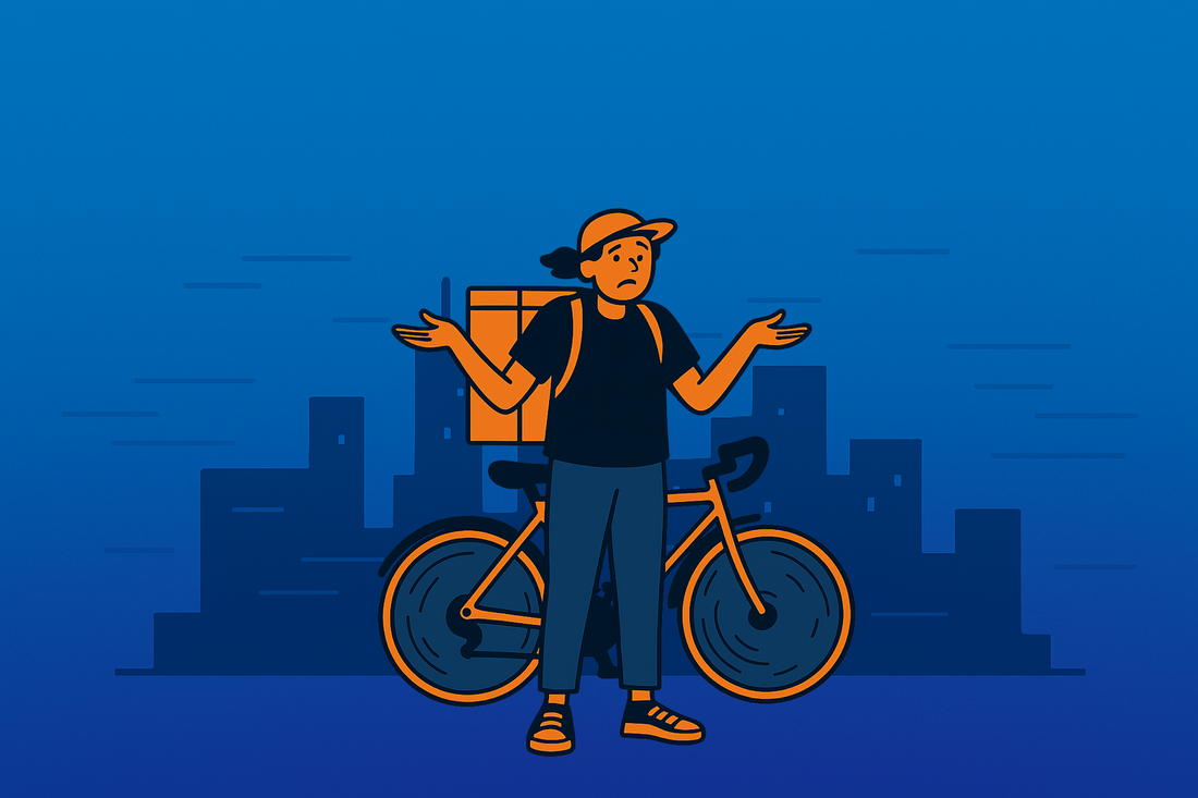 "Gig economy delivery rider standing beside a bicycle with arms raised in confusion, symbolizing the financial challenges and uncertainty faced by gig workers and independent contractors."