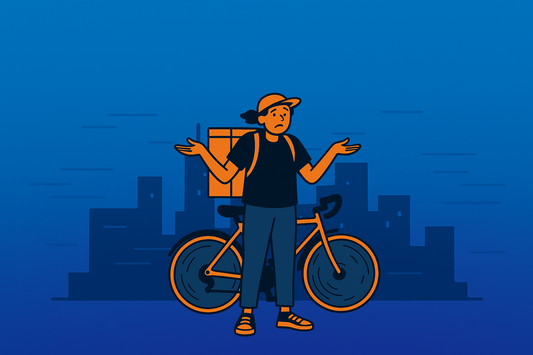 "Gig economy delivery rider standing beside a bicycle with arms raised in confusion, symbolizing the financial challenges and uncertainty faced by gig workers and independent contractors."