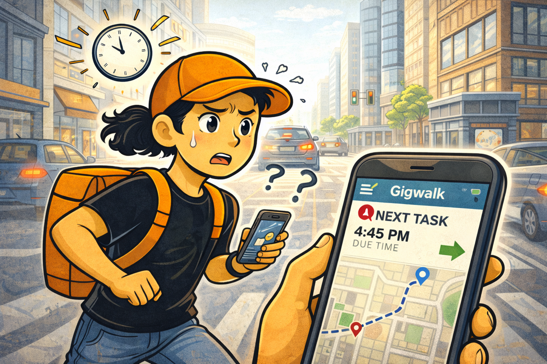 Gigwalk Worker in a time panic trying to get to the next task The Gig Economy Playbook