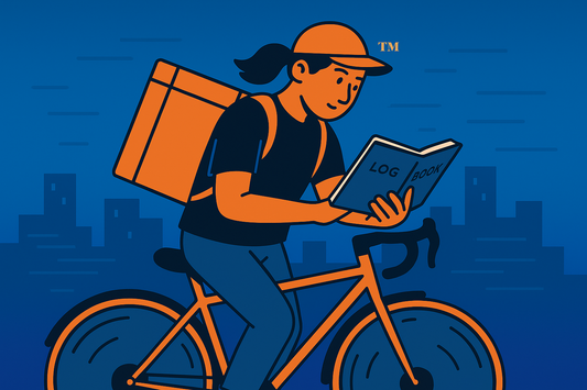 SkipTheDishes delivery rider reviewing a logbook while food delivery biking through the city