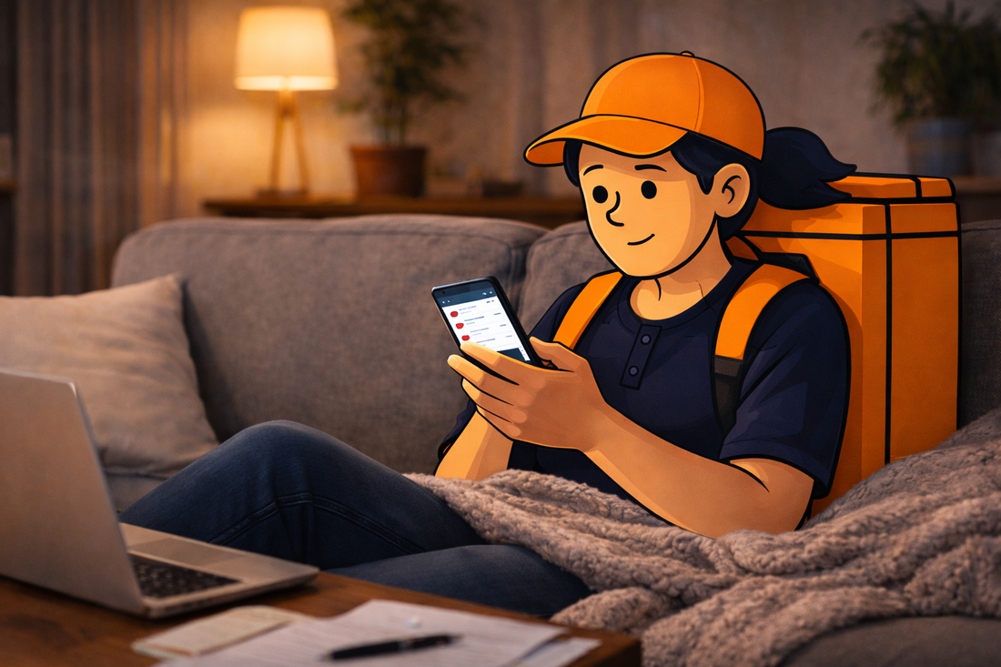 The Gig Economy Playbook Rider Relaxing on the Couch Checking on Available Shifts