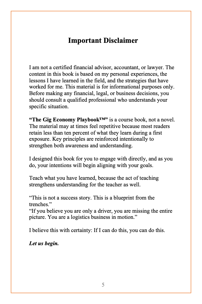Important Disclaimer Page The Gig Economy Playbook Canadian Master Edition