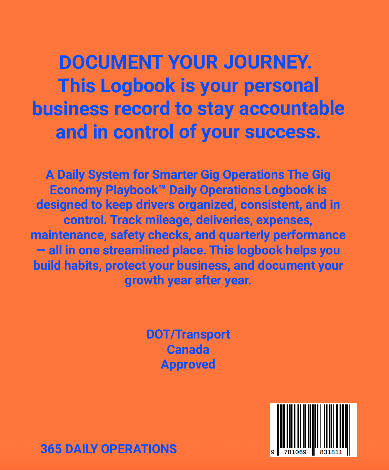 Orange book cover with blue text about a daily operations logbook for drivers, featuring a barcode on an orange background. DOT/Transport Canada Approved