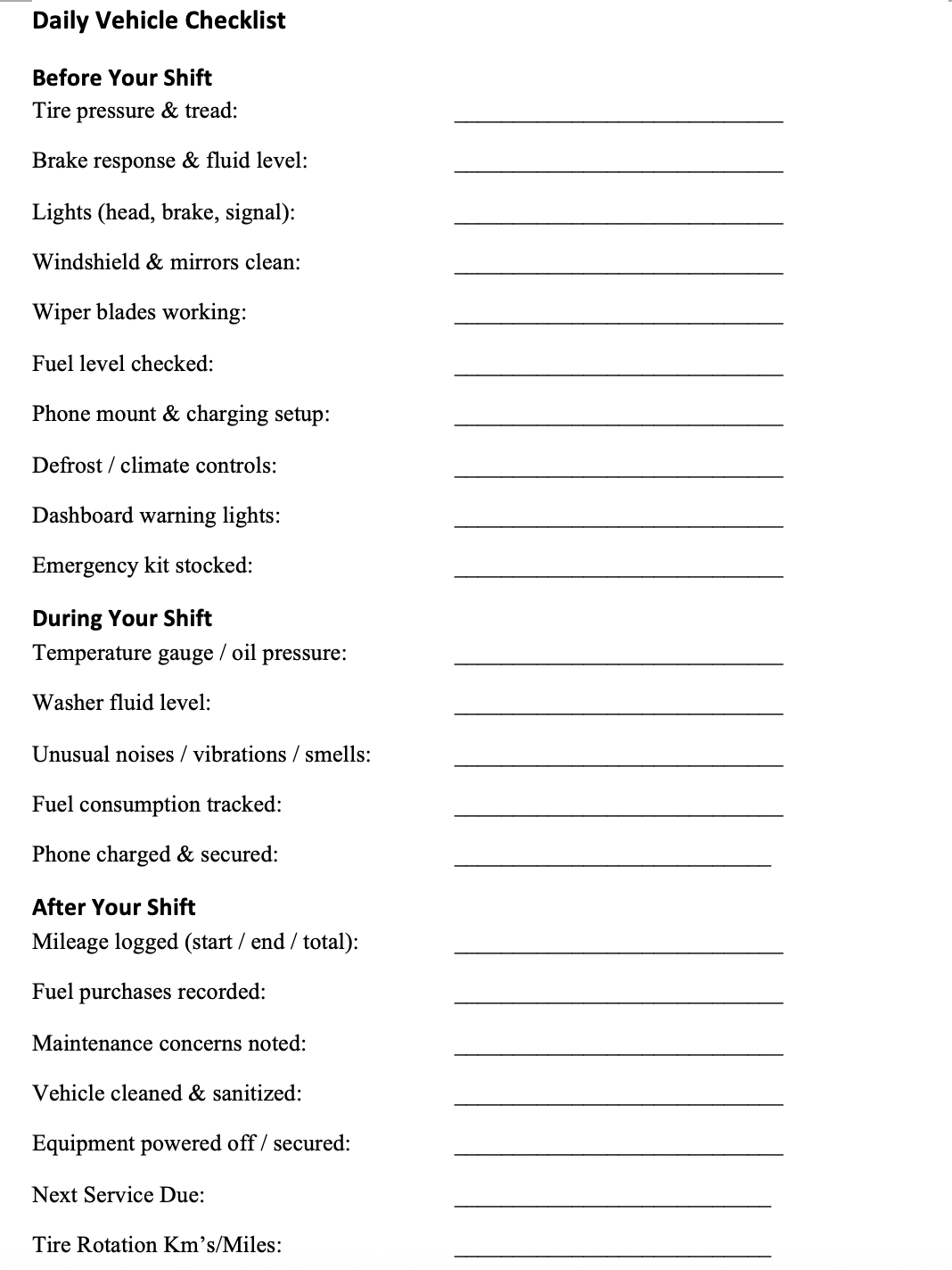 Daily vehicle checklist form with columns for before, during, and after shift tasks.