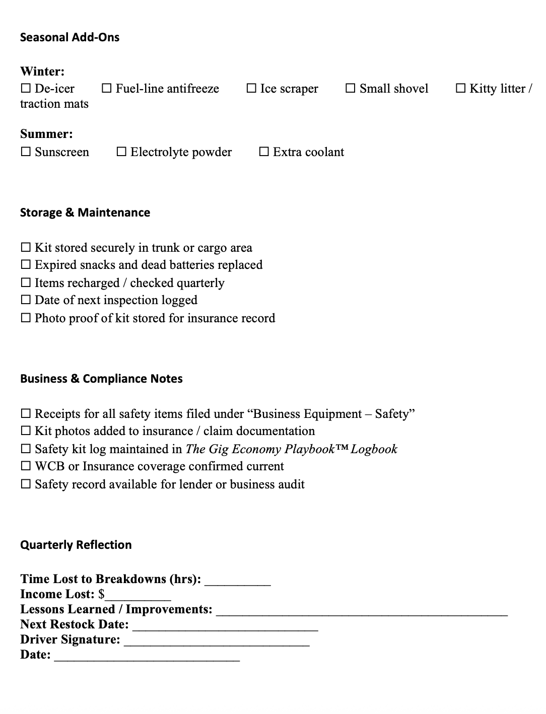 Checklist for seasonal add-ons, storage & maintenance, and business/compliance notes on a white background.