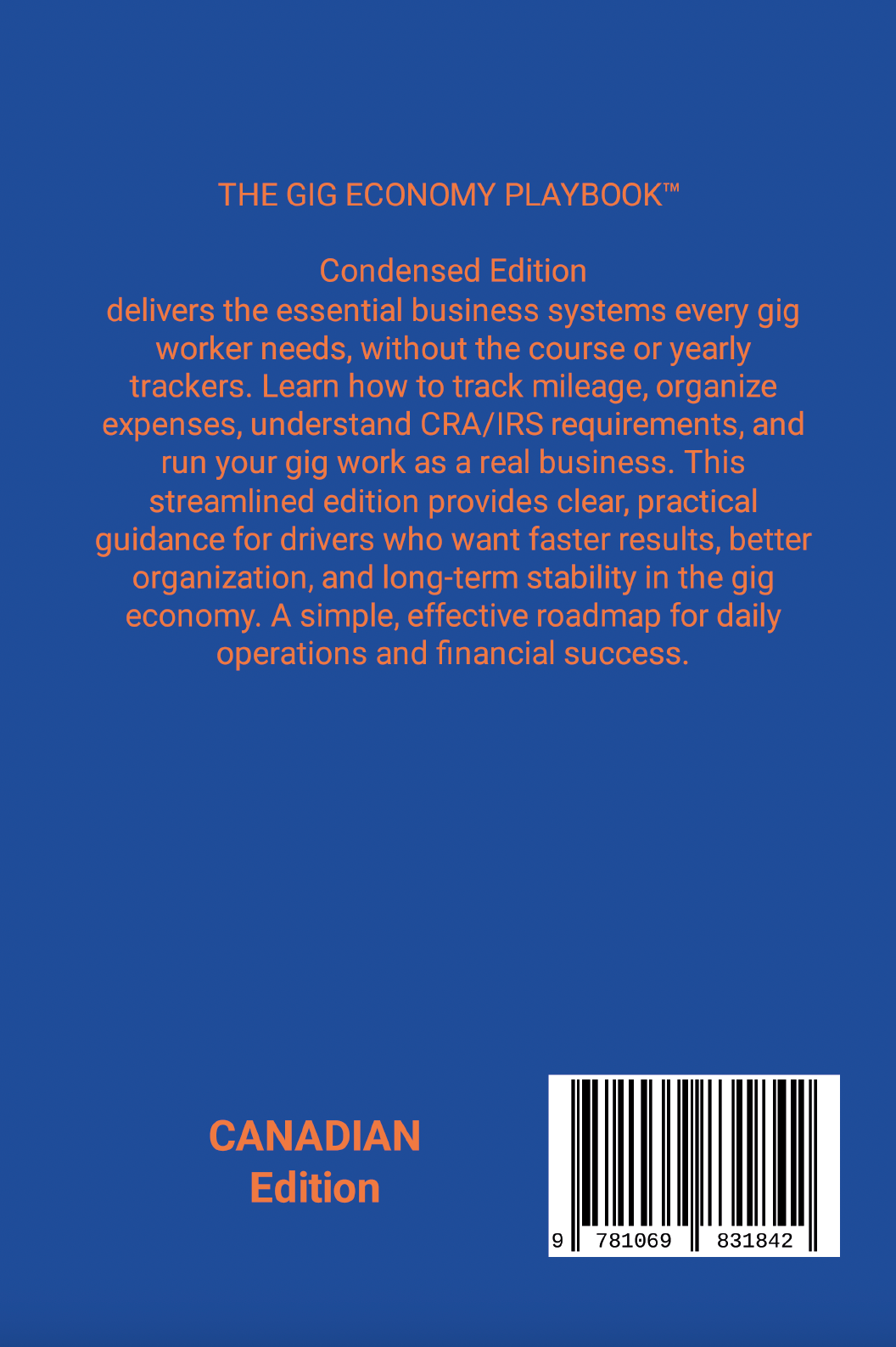 Back cover of a book titled 'The Gig Economy Playbook' with text and a barcode on a blue background. Condensed Canadian Edition