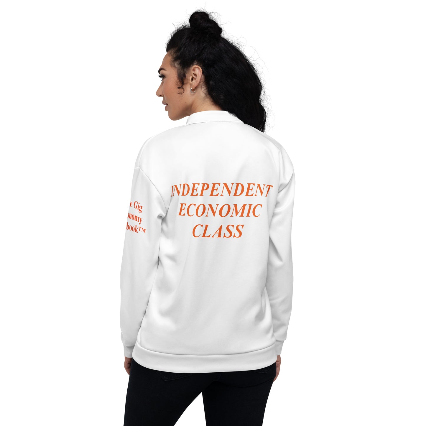 White jacket with text and features on a white background Independent Economic Class text on the back. The Gig Economy Playbook Trademark Logos on the arms. 