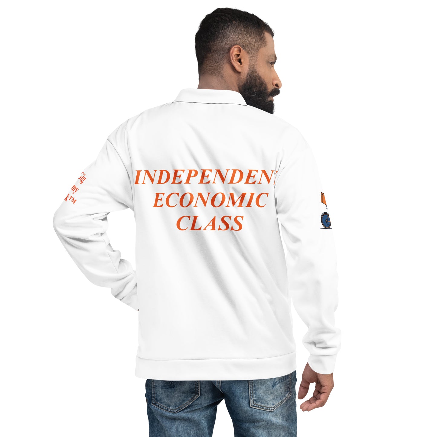 Male wearing a white jacket with text and features on a white background Independent Economic Class text on the back. The Gig Economy Playbook Trademark Logos on the arms. 