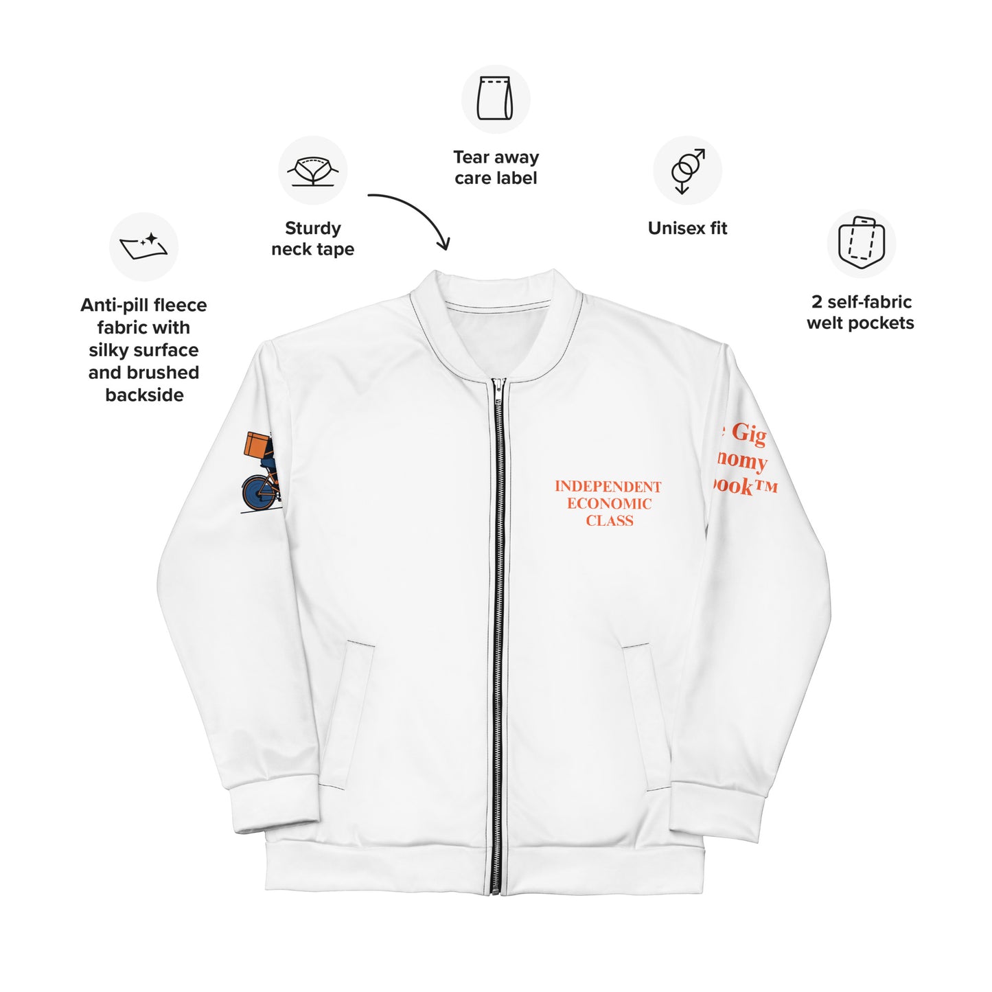 White jacket with text and features on a white background Independent Economic Class text on the front. The Gig Economy Playbook Trademark Logos on the arms. 
