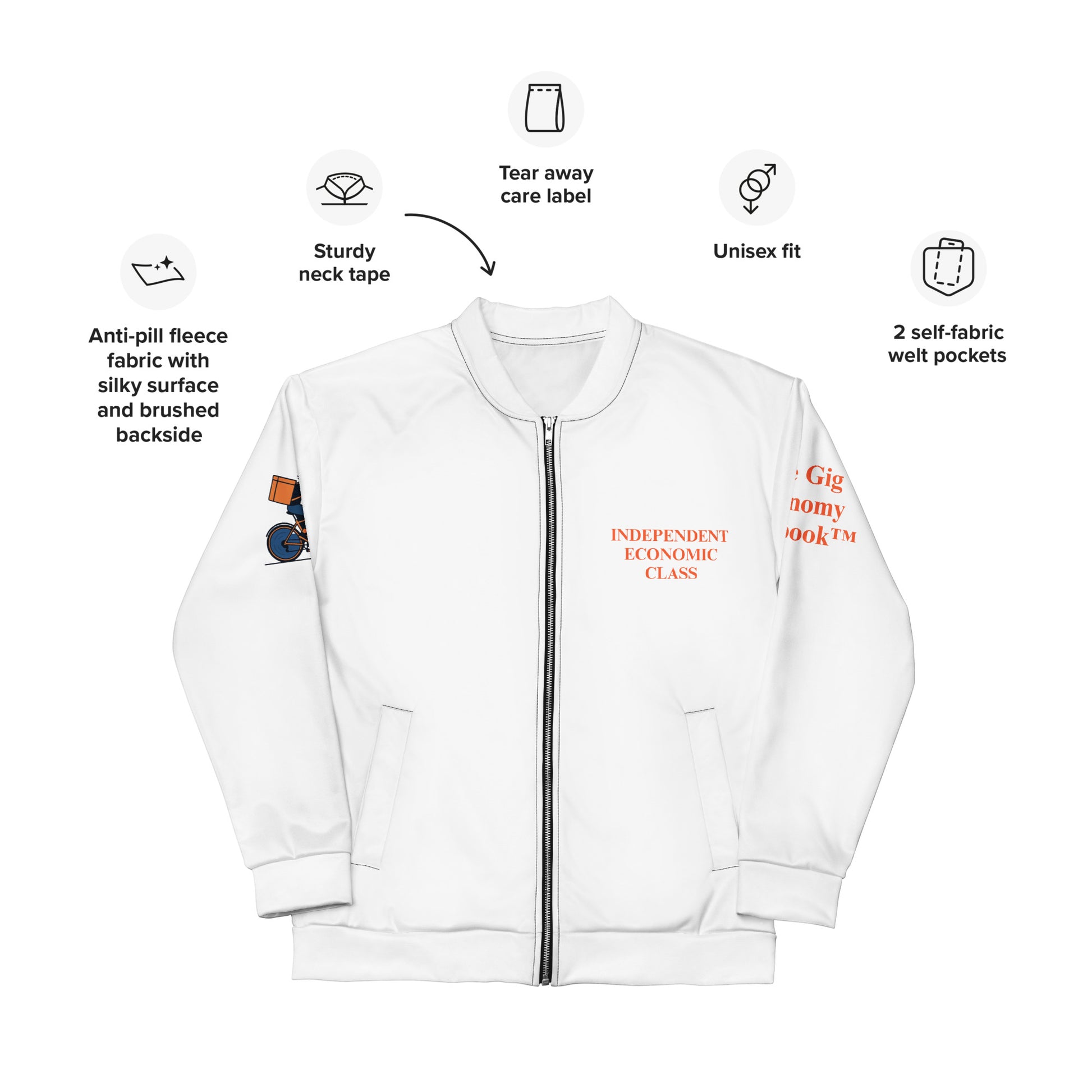 White jacket with text and features on a white background Independent Economic Class text on the front. The Gig Economy Playbook Trademark Logos on the arms. 