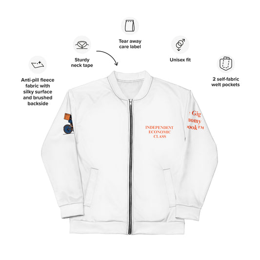 White jacket with text and features on a white background Independent Economic Class text on the front. The Gig Economy Playbook Trademark Logos on the arms. 