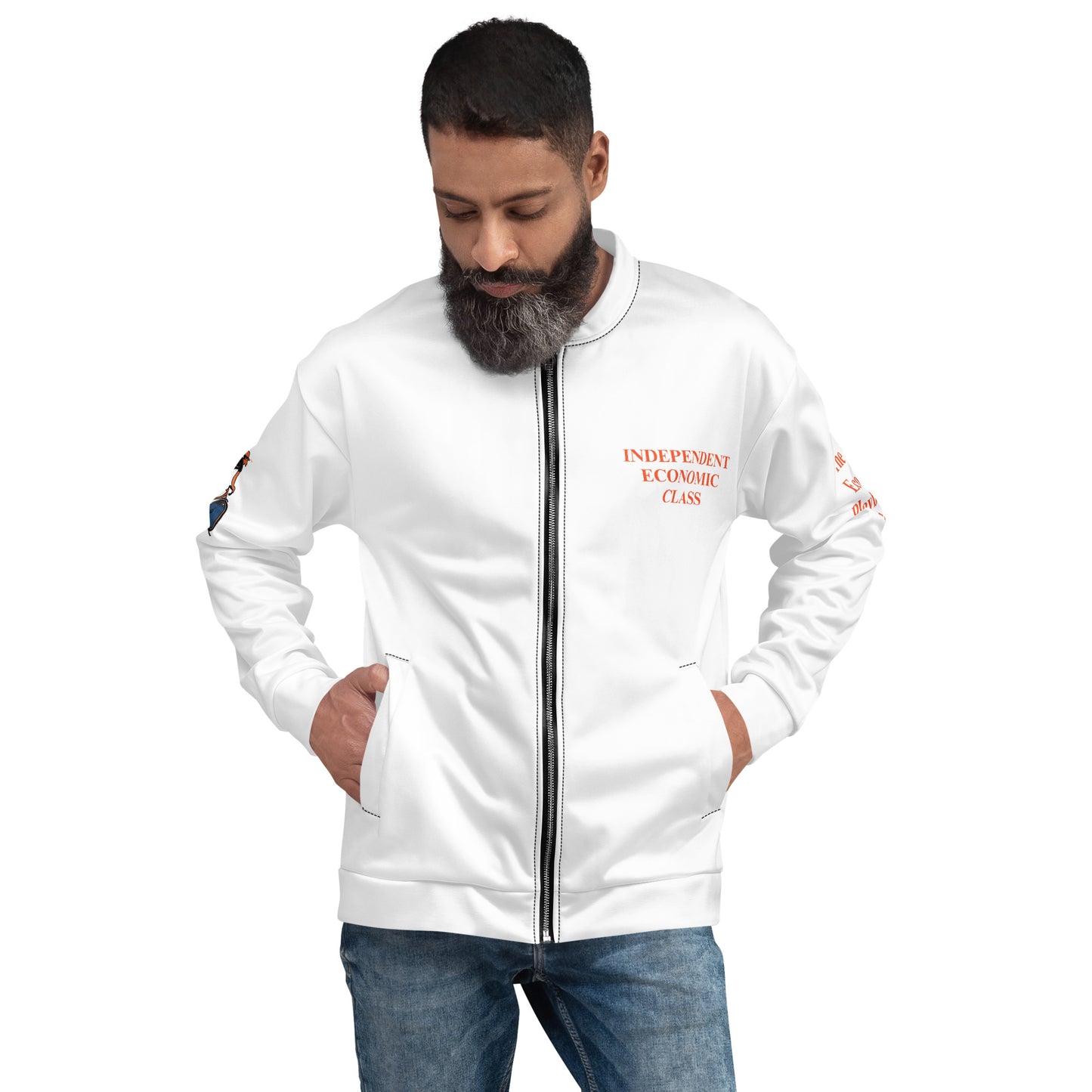 Male wearing a white jacket with text and features on a white background Independent Economic Class text on the front. The Gig Economy Playbook Trademark Logos on the arms. 