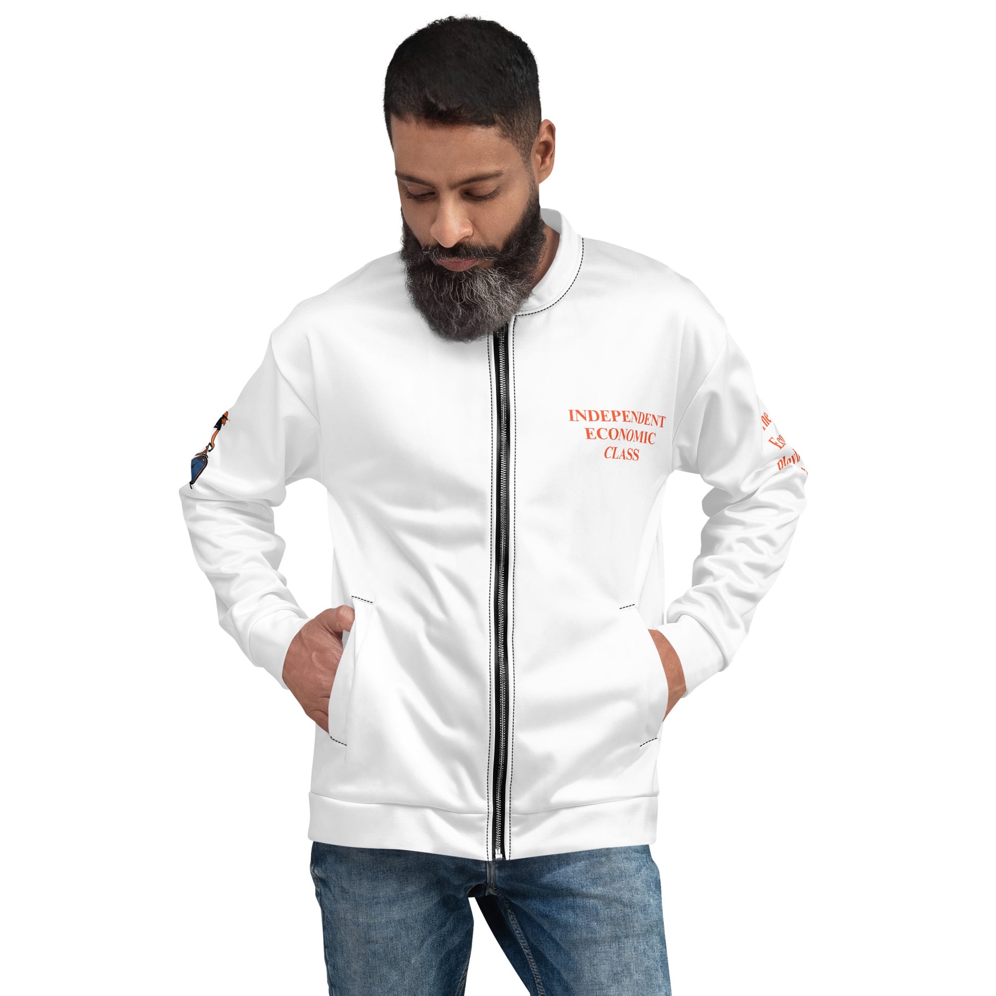 Male wearing a white jacket with text and features on a white background Independent Economic Class text on the front. The Gig Economy Playbook Trademark Logos on the arms. 