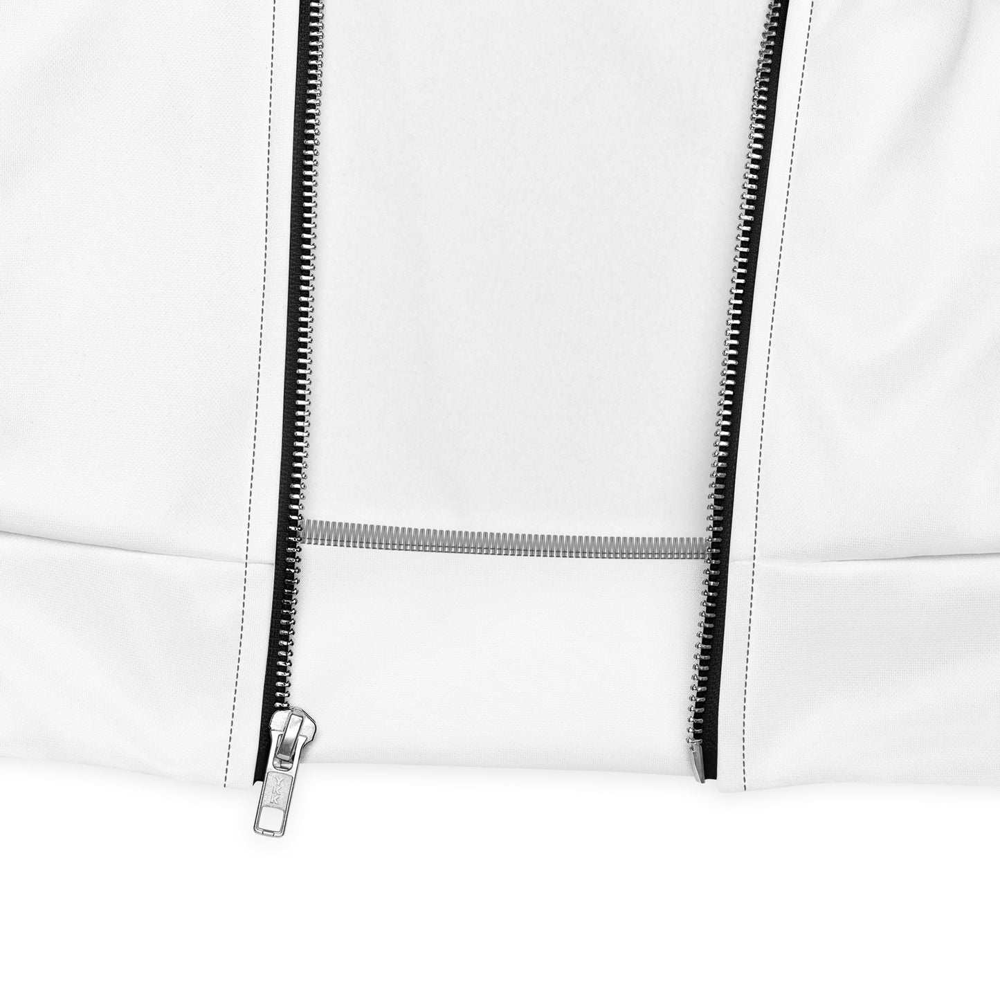 Close-up of a white hoodie with black zipper on a white background