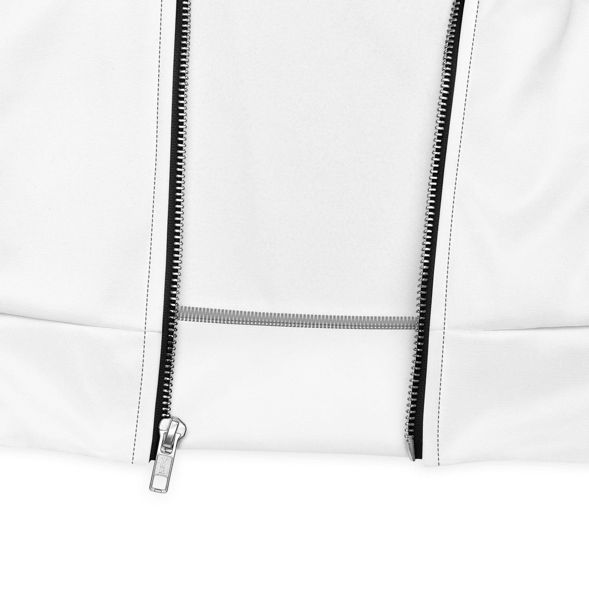 Close-up of a white hoodie with black zipper on a white background