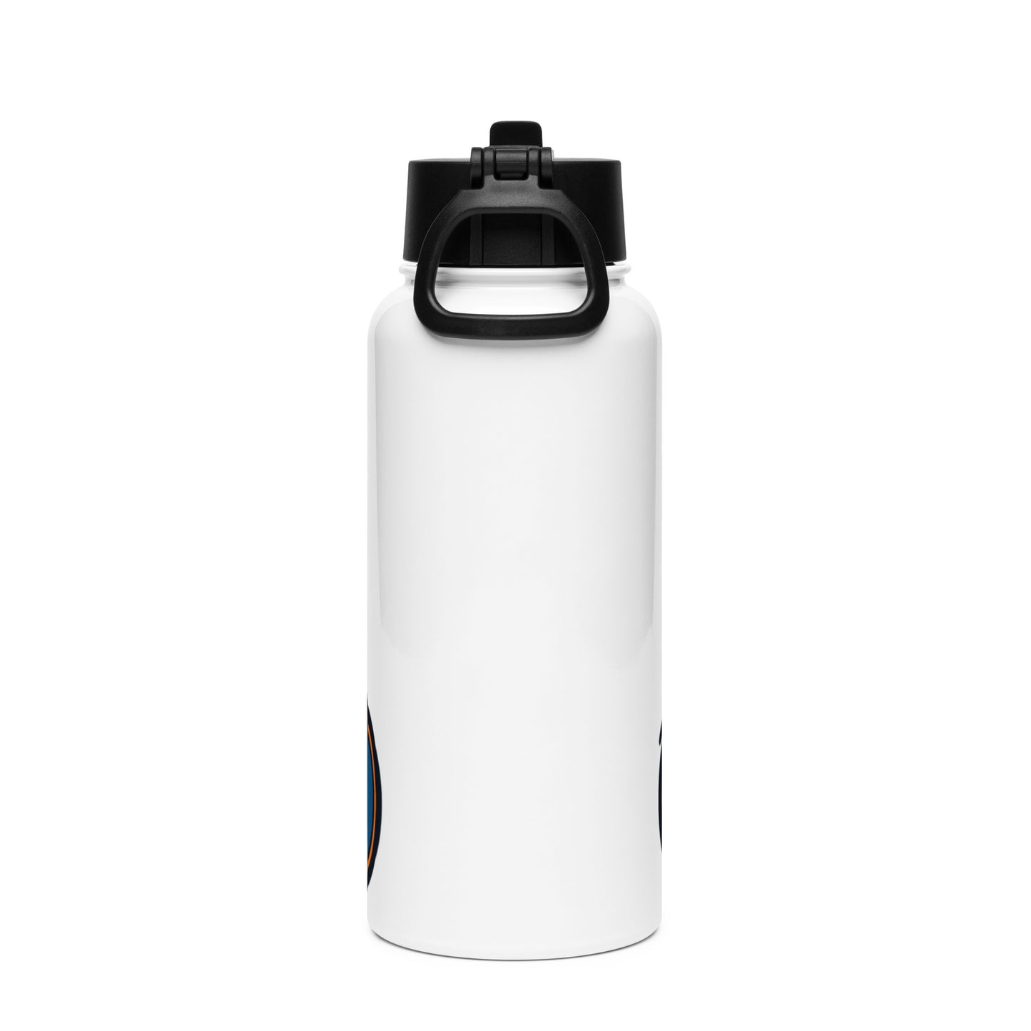 White water bottle with black lid on a white background