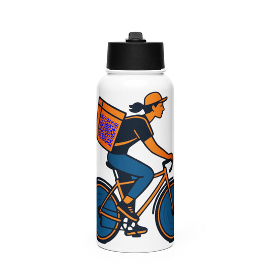 Water bottle with a cyclist design on a white background