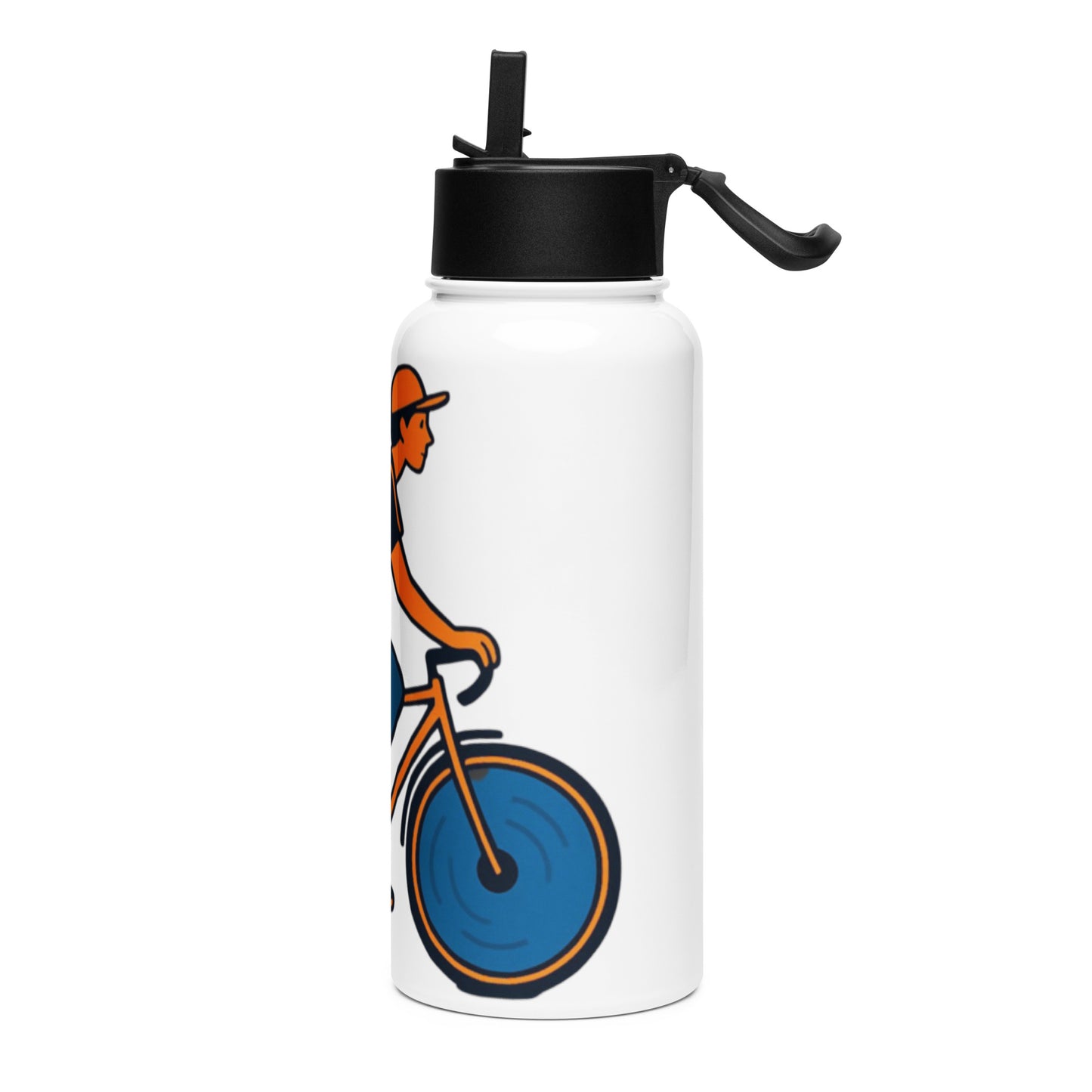 White water bottle with a bicycle and helmet design on a white background