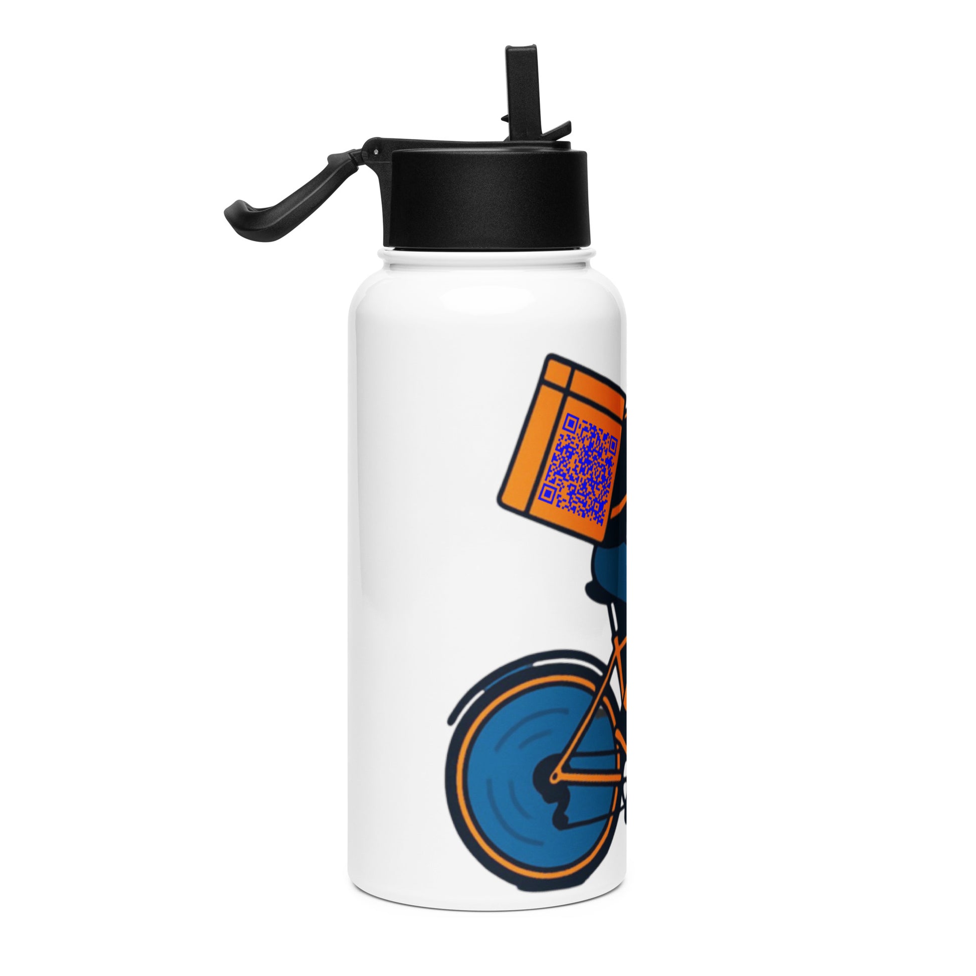 White water bottle with a bicycle design and black lid on a white background