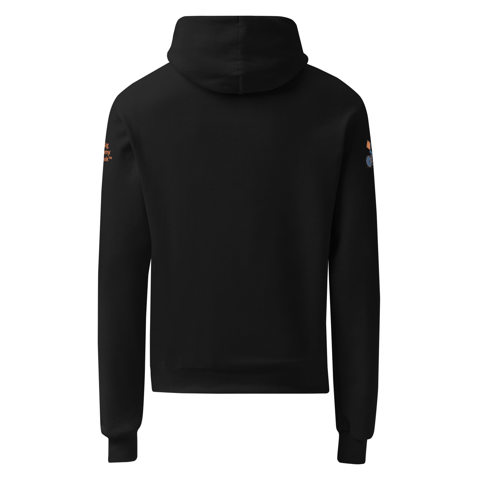 Black hoodie with brand logos on sleeves against a white background