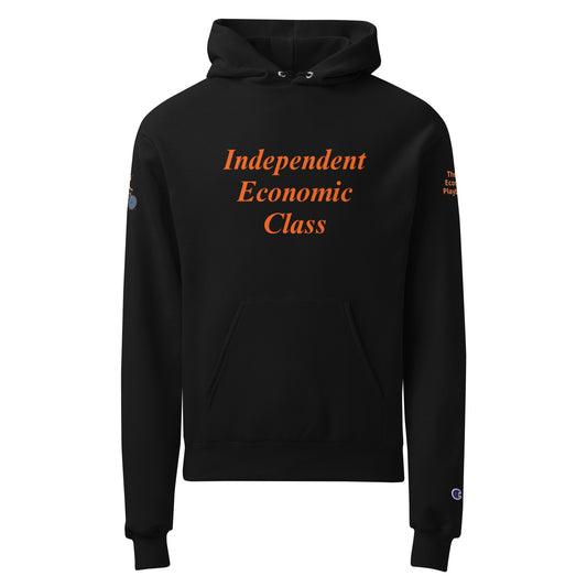 "Black Champion hoodie with Independent Economic Class text on the front"