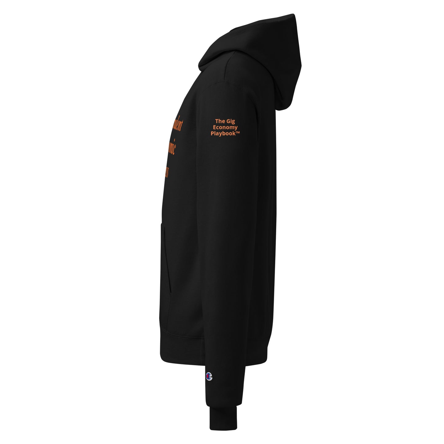 Black hoodie with text and logo The Gig Economy Playbook on sleeve against a white background