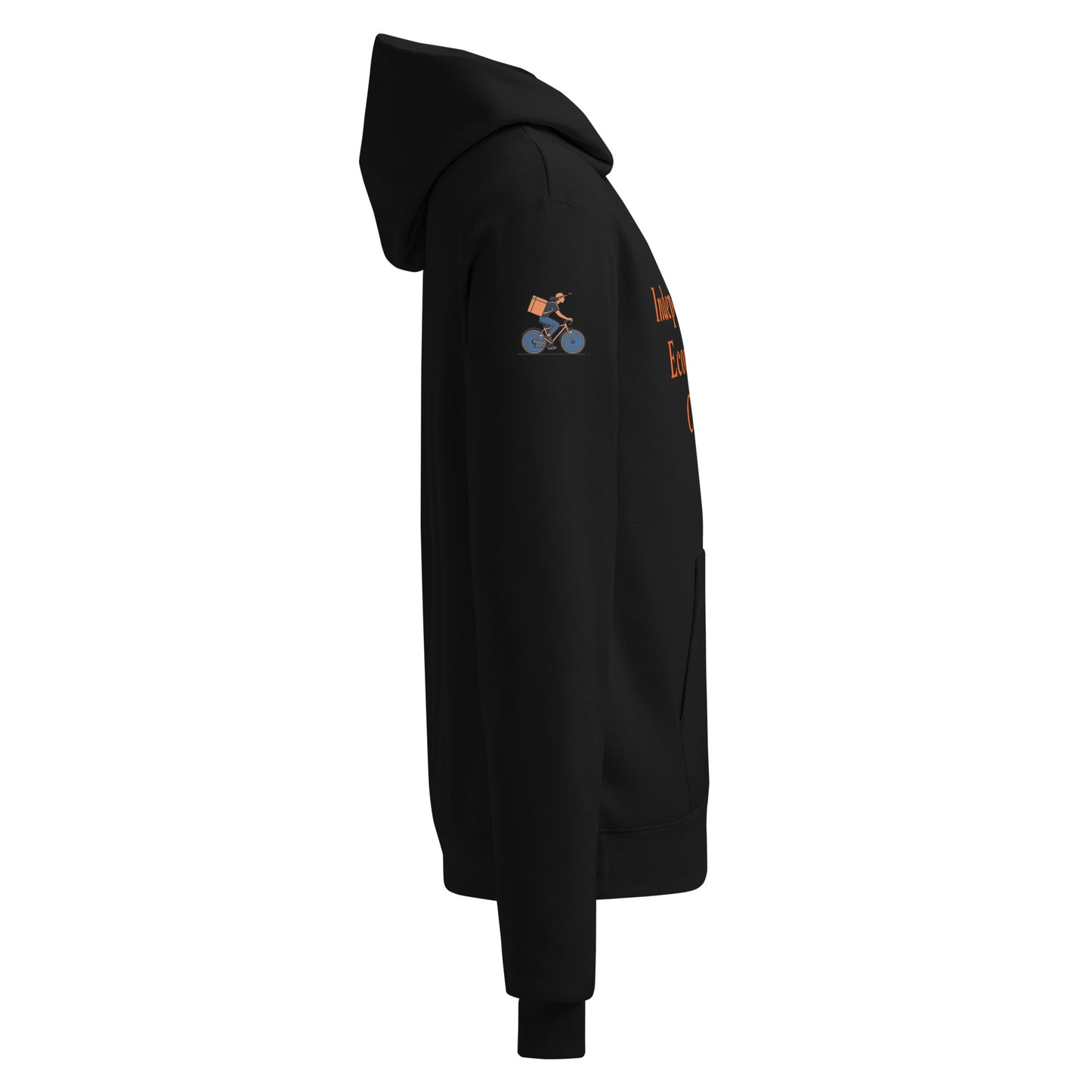 Black hoodie with small embroidered designs of The Gig Economy Playbook Bike Rider on a white background