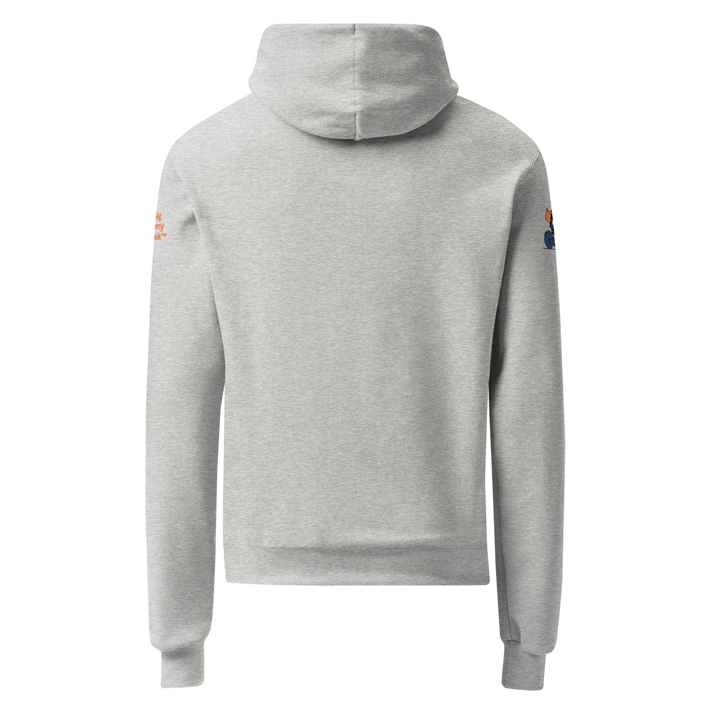 Gray hoodie with brand logos on sleeves against a white background