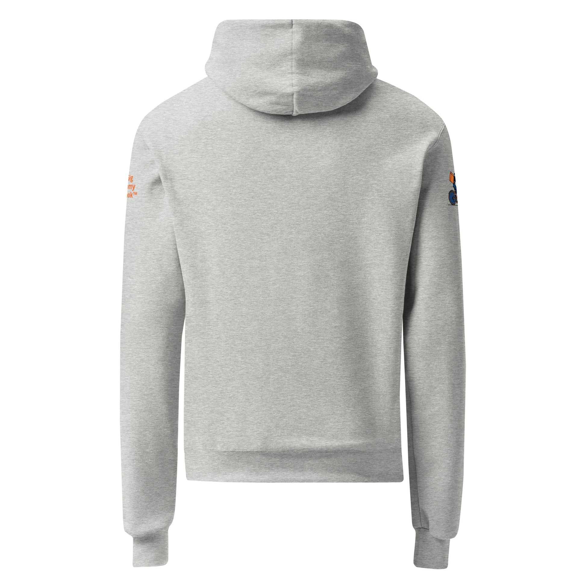 Gray hoodie with brand logos on sleeves against a white background