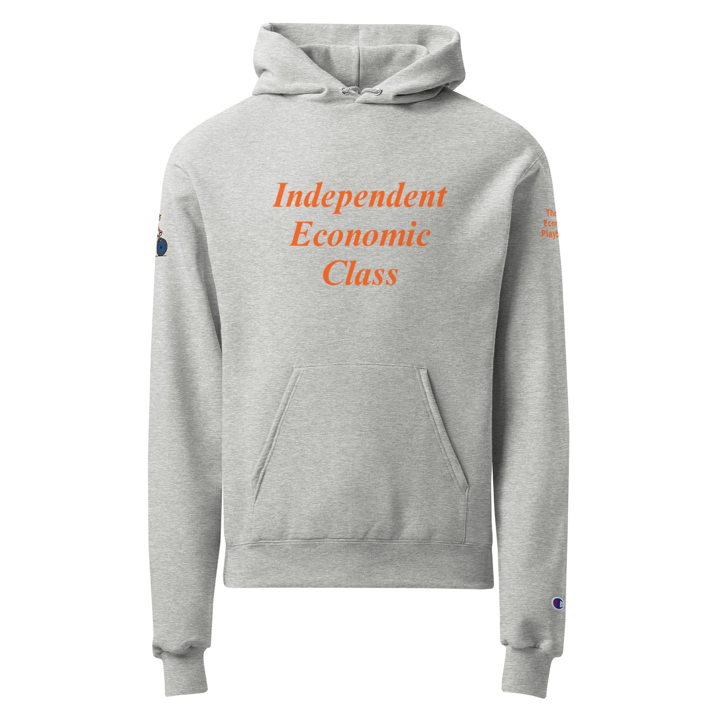Gray hoodie with 'Independent Economic Class' text on a white background