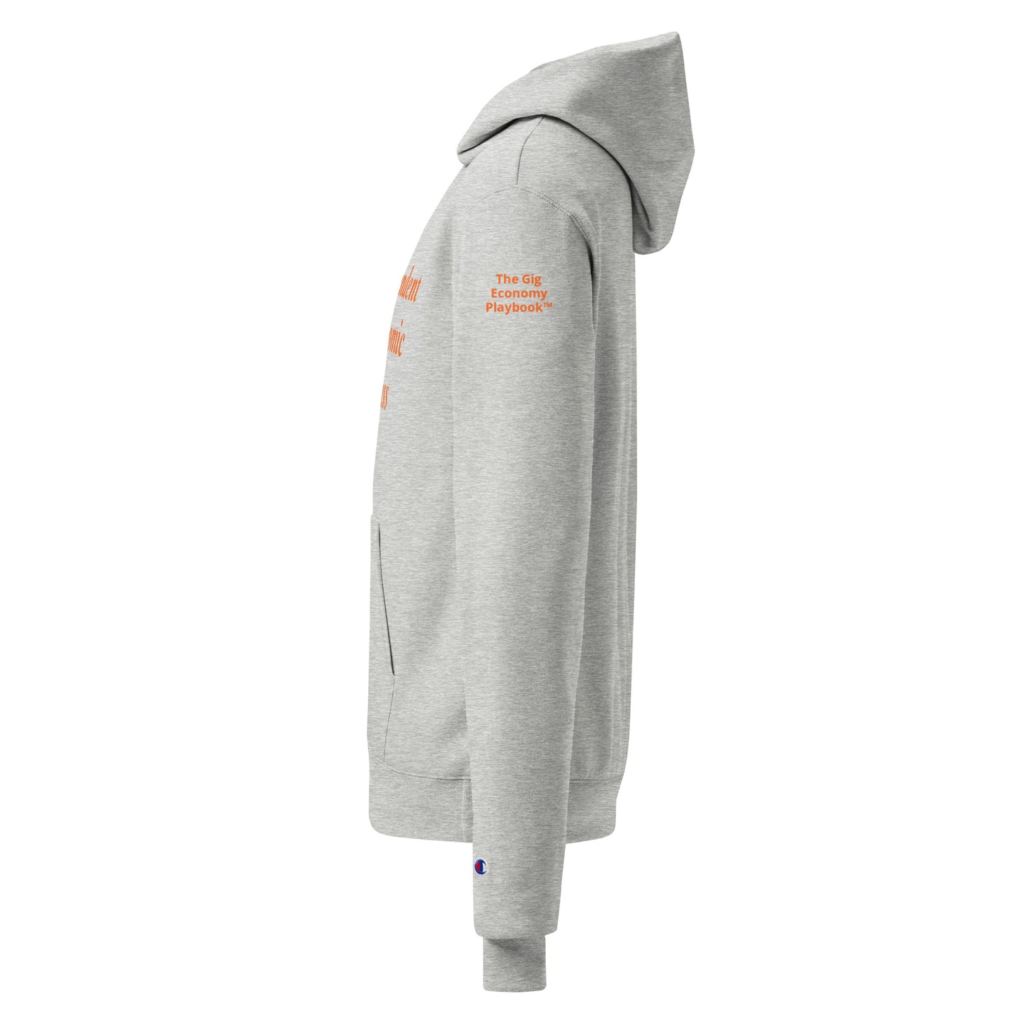 Gray hoodie with text The Gig Economy Playbook on sleeve against a white background