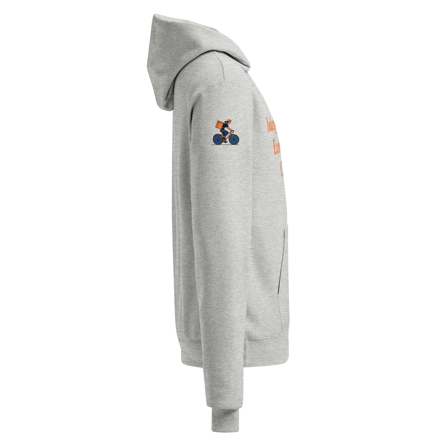 Gray hoodie with a small logo of The gig Economy Playbook Bike Rider on the right arm against a white background