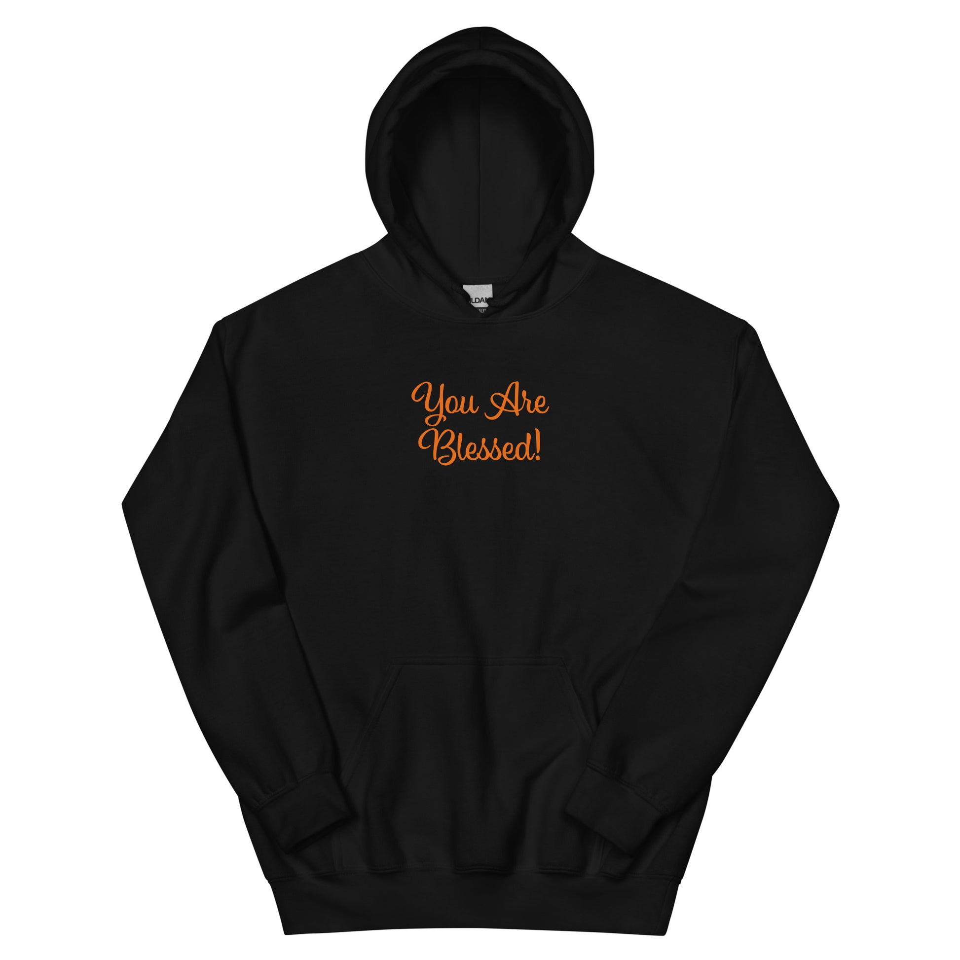Black hoodie with 'You Are Blessed!' text in orange on a white background
