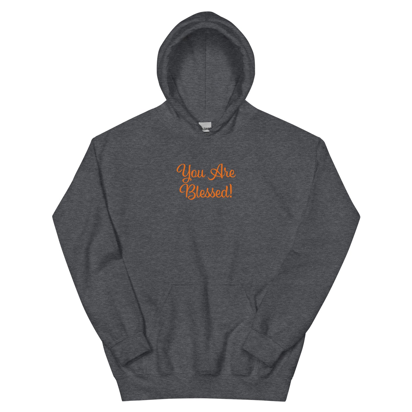 Gray hoodie with 'You Are Blessed!' text in orange on a white background