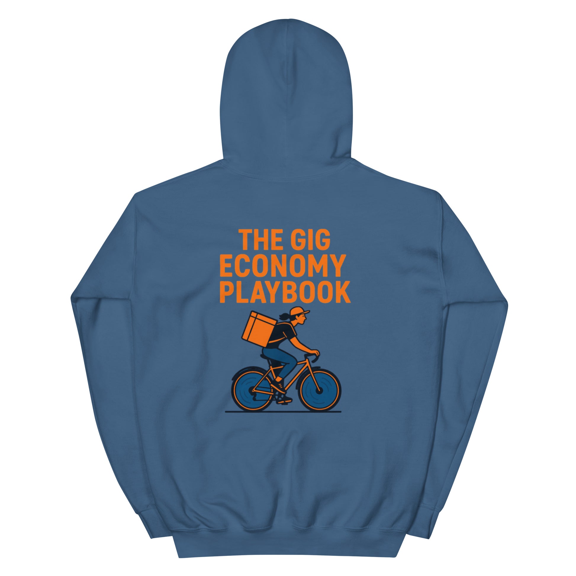 Blue hoodie with orange text and graphic on the back, featuring a cyclist and the title 'The Gig Economy Playbook'.