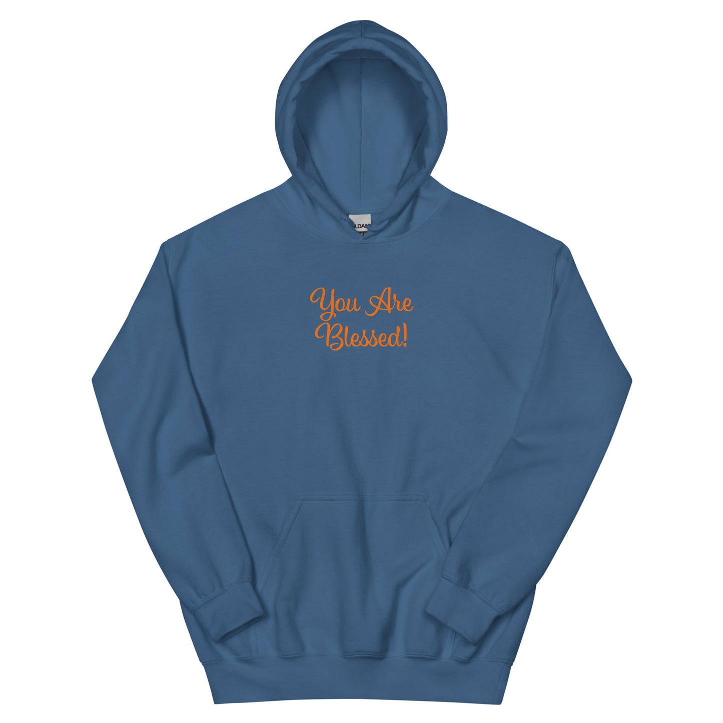 Blue hoodie with 'You Are Blessed!' text on a white background