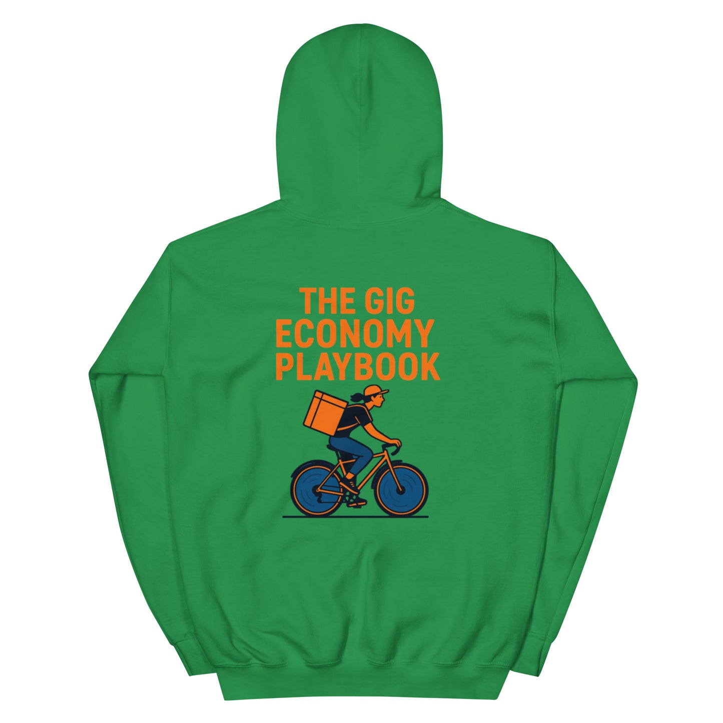 Green hoodie with a graphic of a person on a bike and text 'The Gig Economy Playbook' on the back.