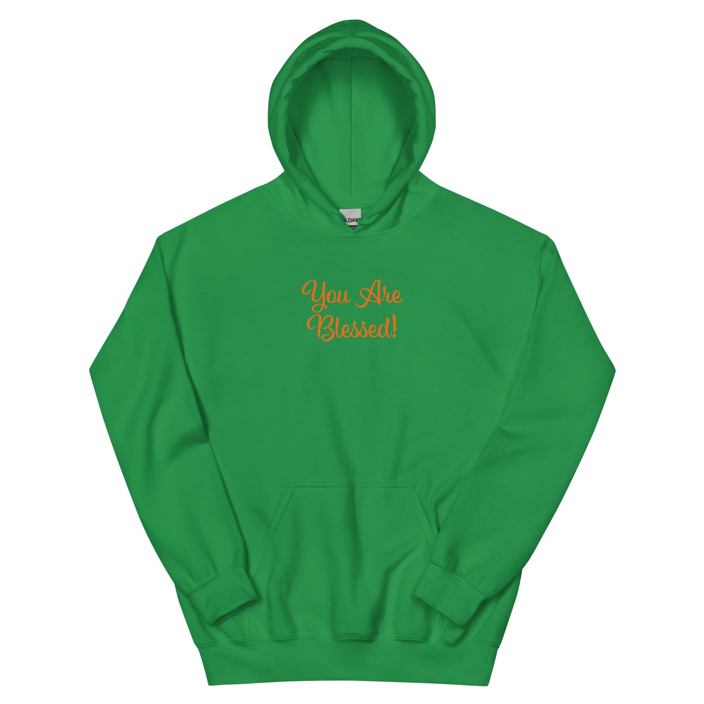 Green hoodie with 'You Are Blessed!' text on a white background