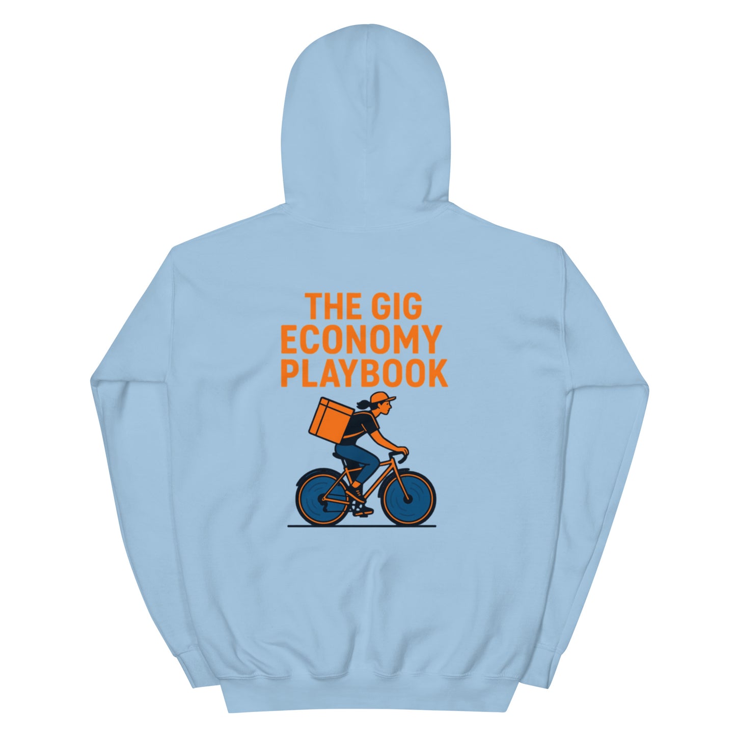 Light blue hoodie with orange text and graphic of a delivery person on a bike.