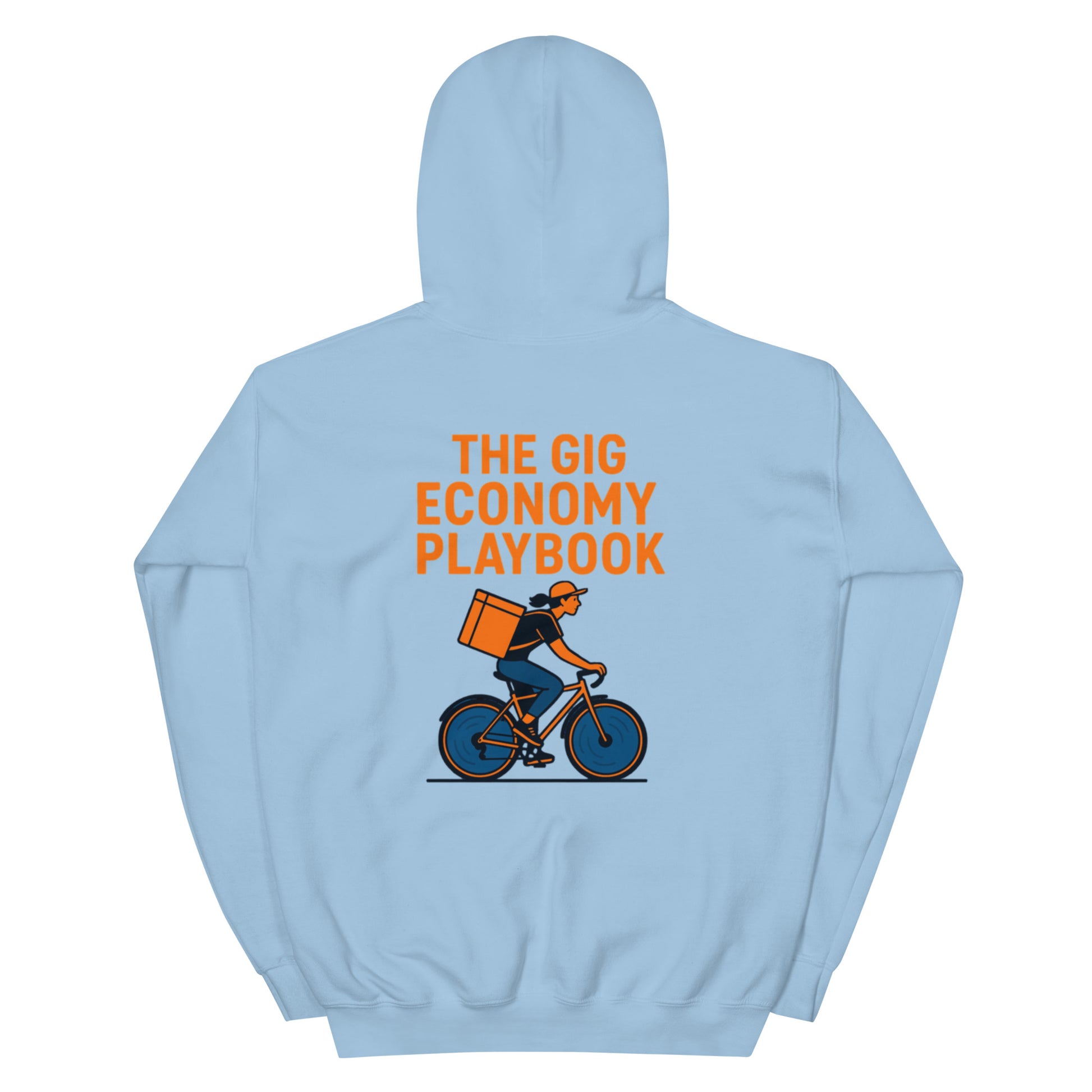 Light blue hoodie with orange text and graphic of a delivery person on a bike.