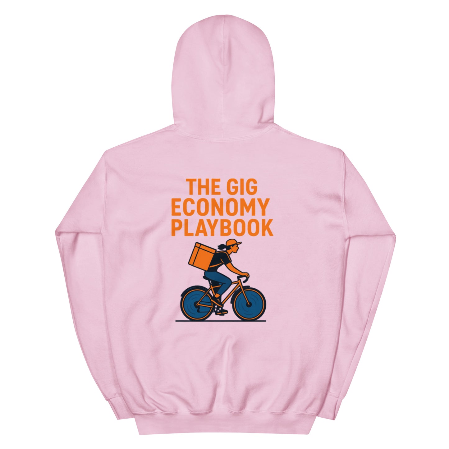 Pink hoodie with a graphic of a person on a bike and text 'The Gig Economy Playbook' on the back.