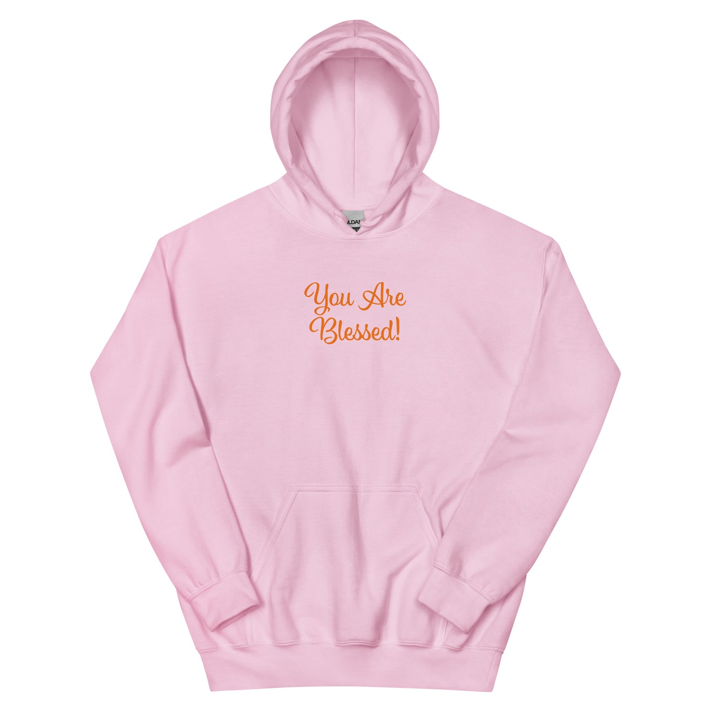Pink hoodie with 'You Are Blessed!' text on a white background