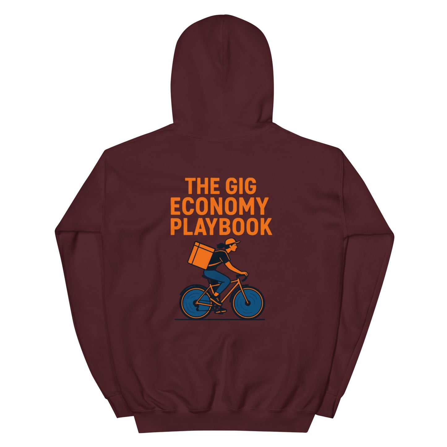 Maroon hoodie with 'The Gig Economy Playbook' text and graphic on the back, on a white background.