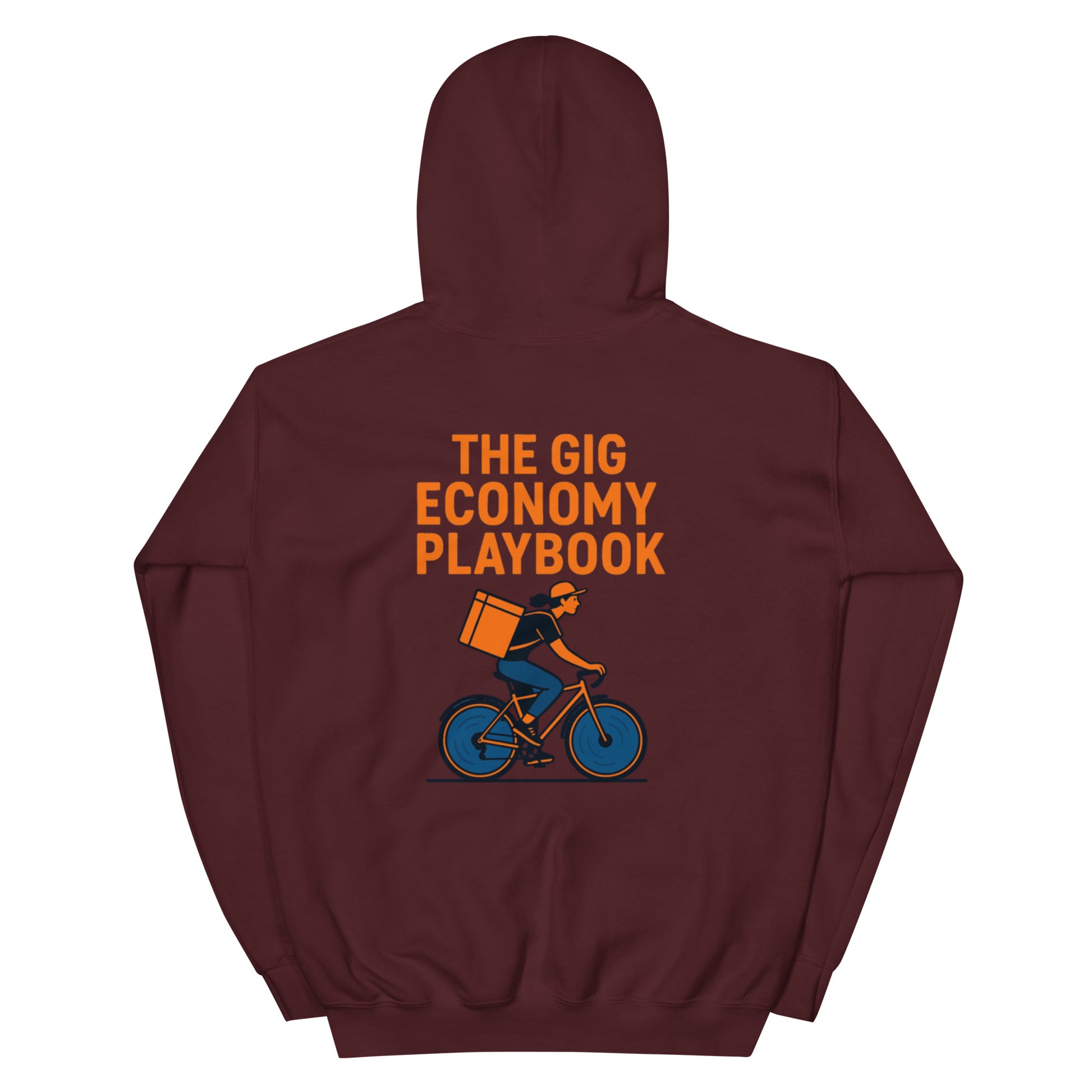 Maroon hoodie with 'The Gig Economy Playbook' text and graphic on the back, on a white background.