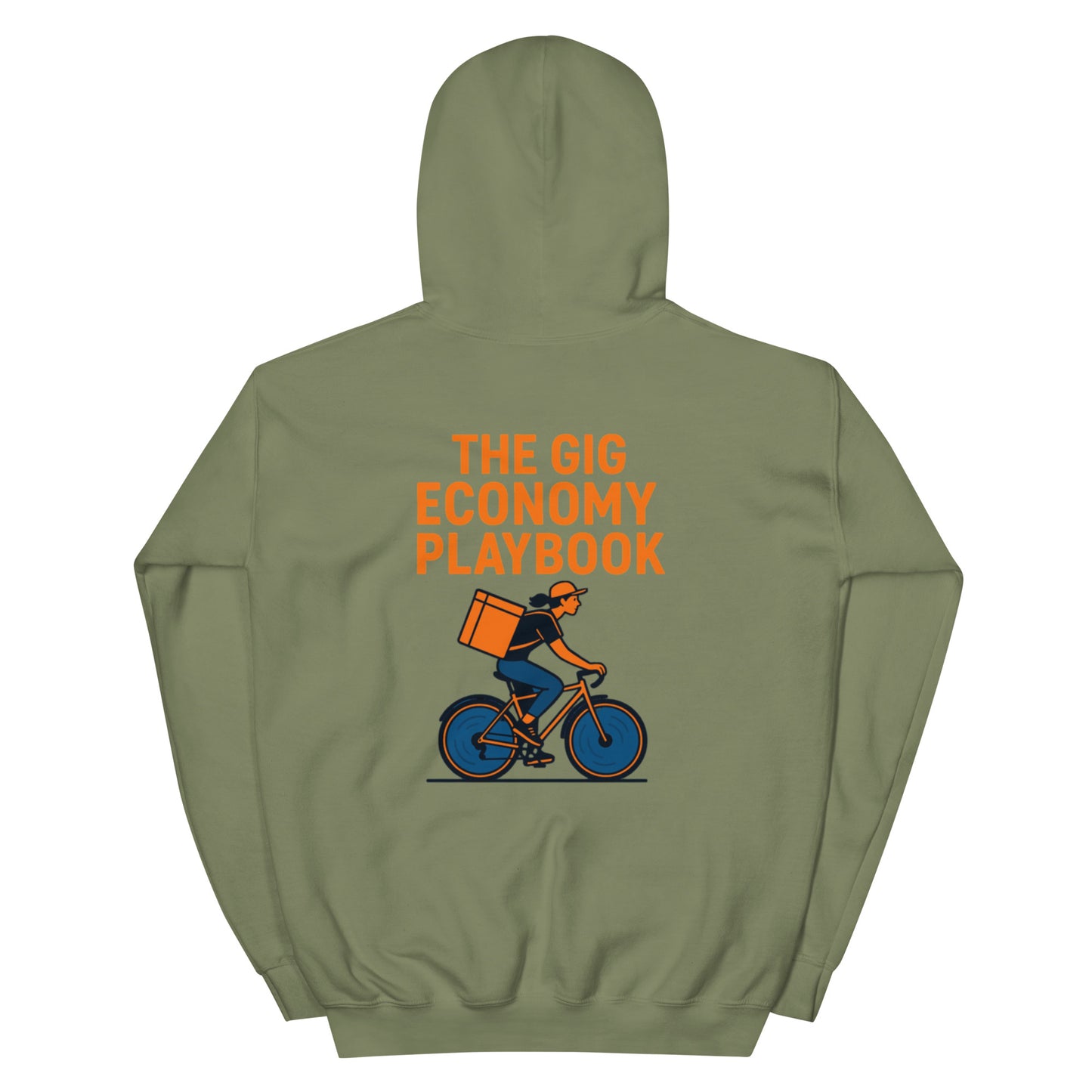 Green hoodie with a graphic of a person on a bike and text 'The Gig Economy Playbook' on the back.